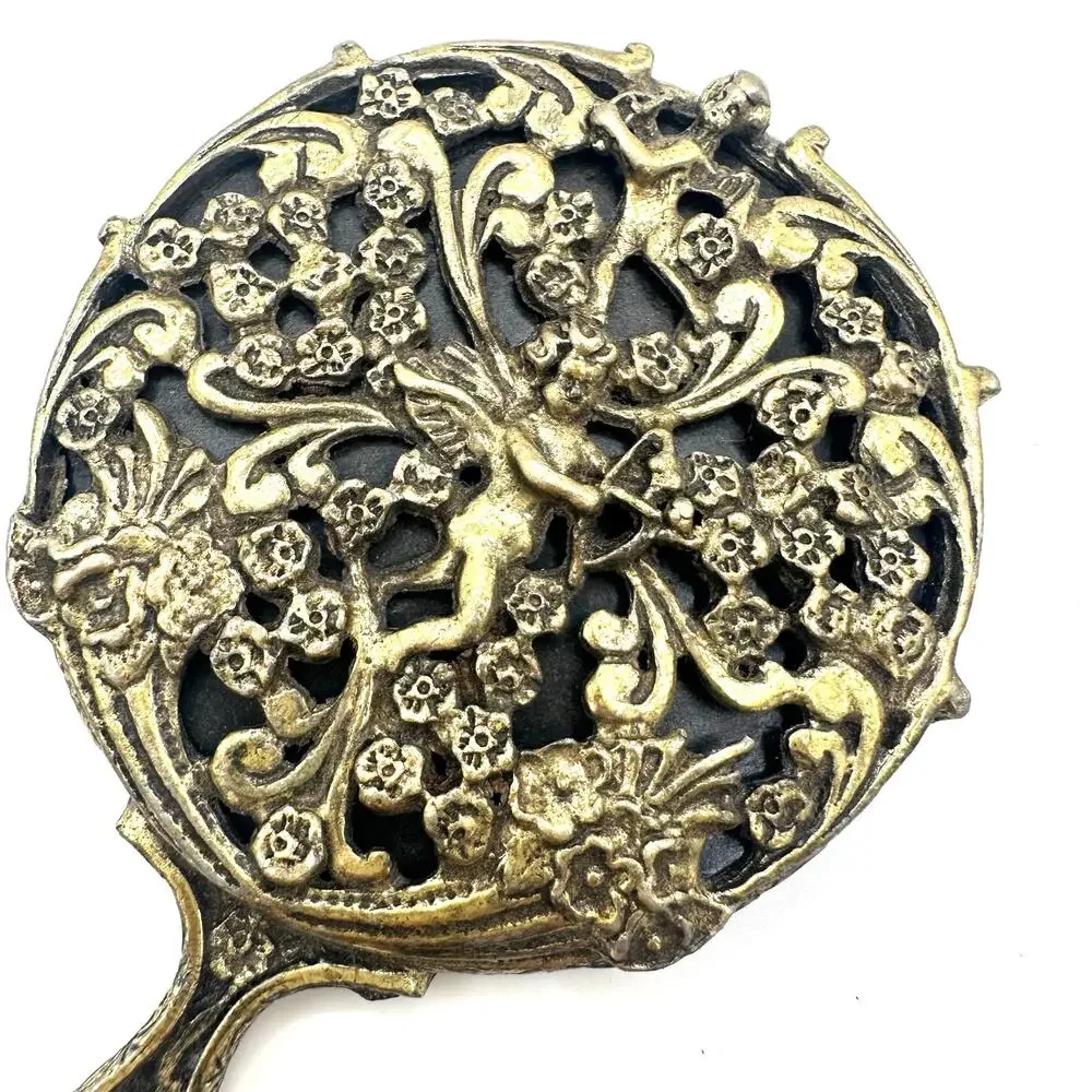 Vintage Art Nouveau Revival gold tone cherubs angels handheld 4.25